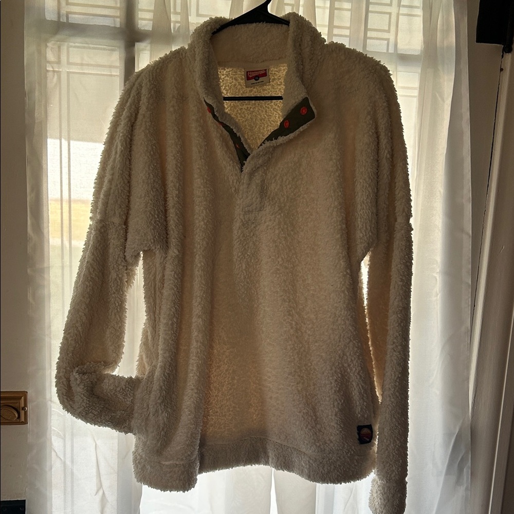HOMAGE Cream Sherpa Pullover with Olive Trim and Orange Snaps
